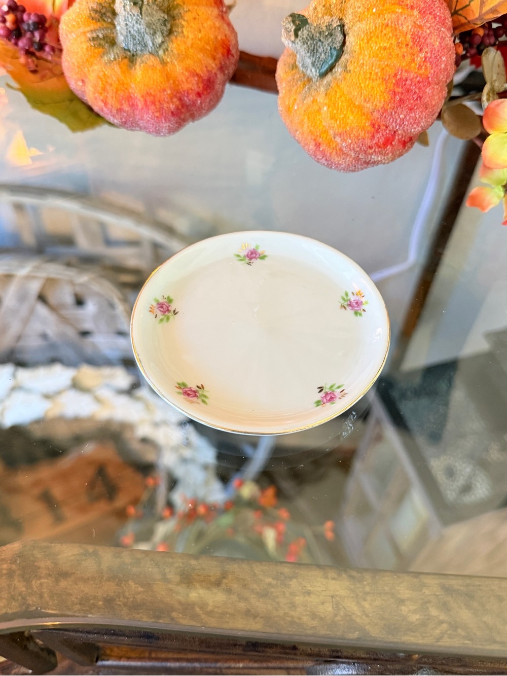 Vintage Porcelain Butter Pat  Plate - White with Pink Roses Gold Trim 3.5” - Picture 5 of 9